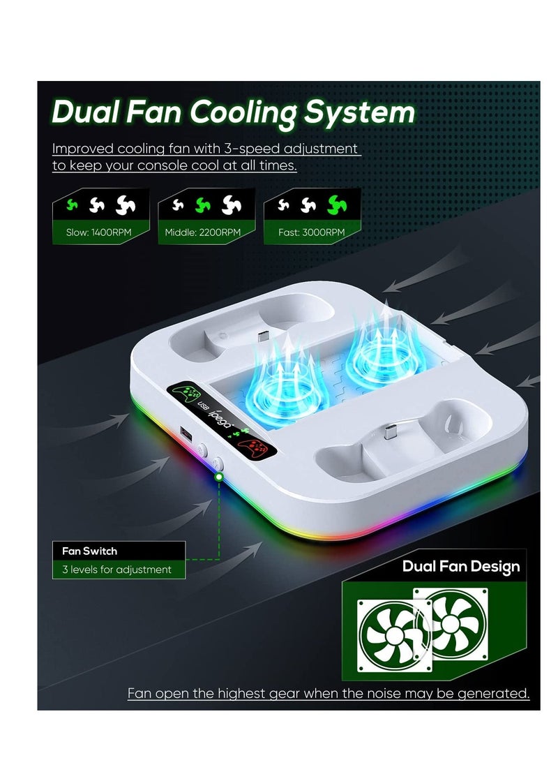 Cooling Fan Stand for Xbox Series S with RGB Light Strip, Upgraded Dual Controllers Charging Dock Accessories with 2 X 1400mAH Rechargeable Battery Pack, Headset Hook & USB Ports, White