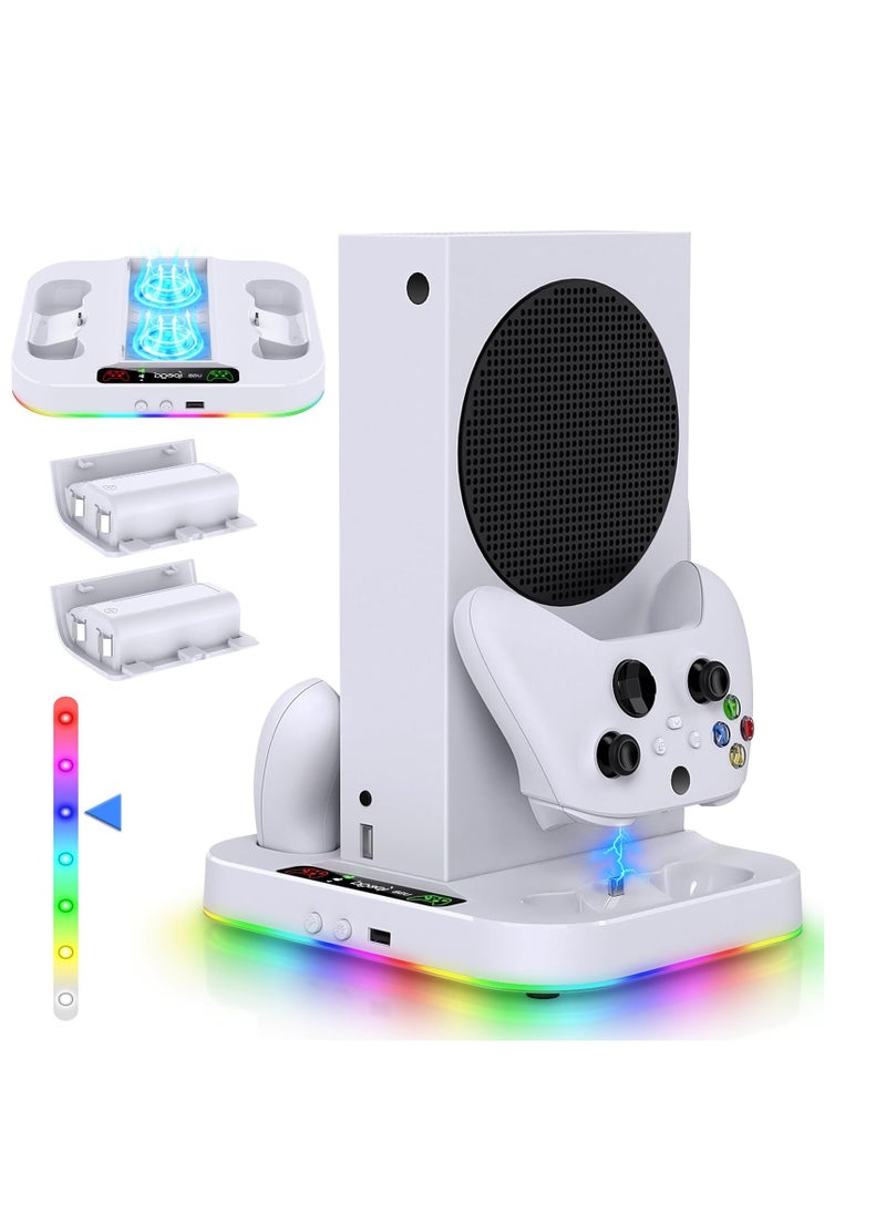 Cooling Fan Stand for Xbox Series S with RGB Light Strip, Upgraded Dual Controllers Charging Dock Accessories with 2 X 1400mAH Rechargeable Battery Pack, Headset Hook & USB Ports, White