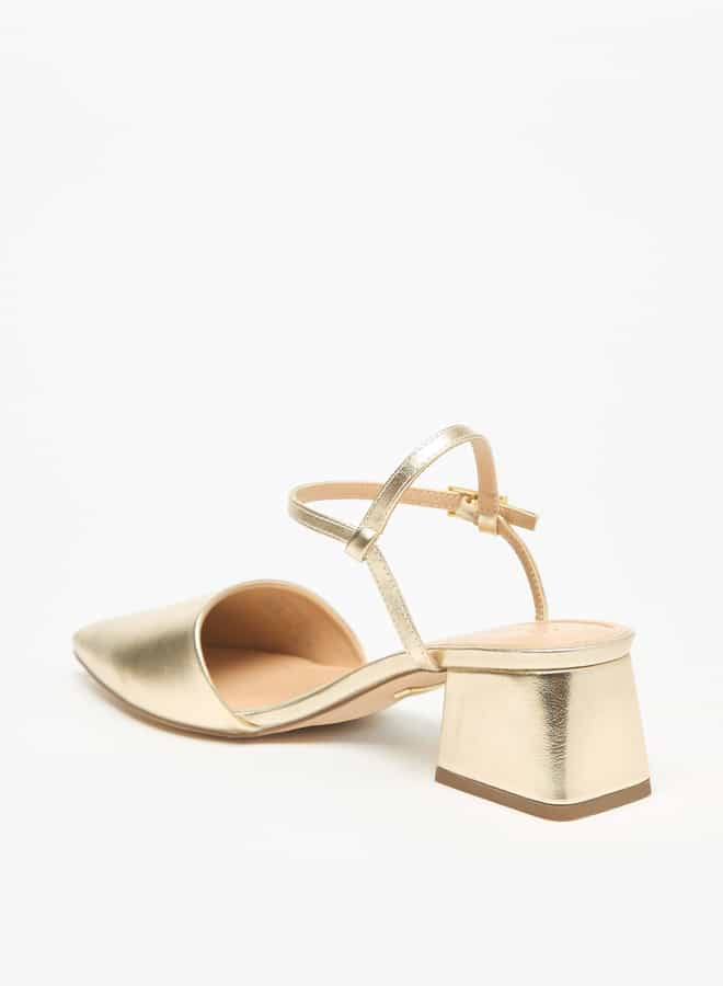 Women's Solid Pointed Toe Sandals with Ankle Strap and Block Heels