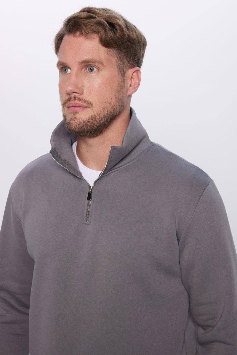 Unisex Relax Fit Comfortable Cut Cotton Fleece Inside Half Zipper Gray Stand Collar Sweatshirt