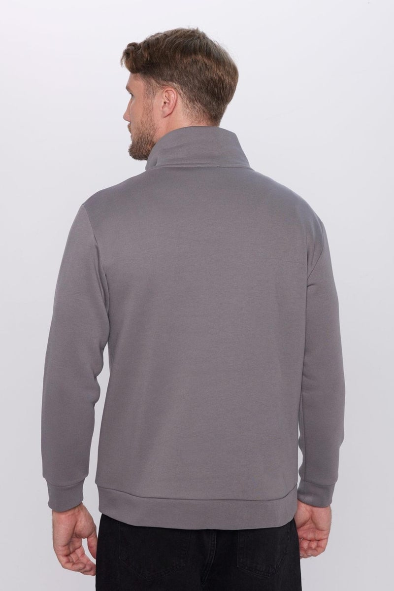 Unisex Relax Fit Comfortable Cut Cotton Fleece Inside Half Zipper Gray Stand Collar Sweatshirt