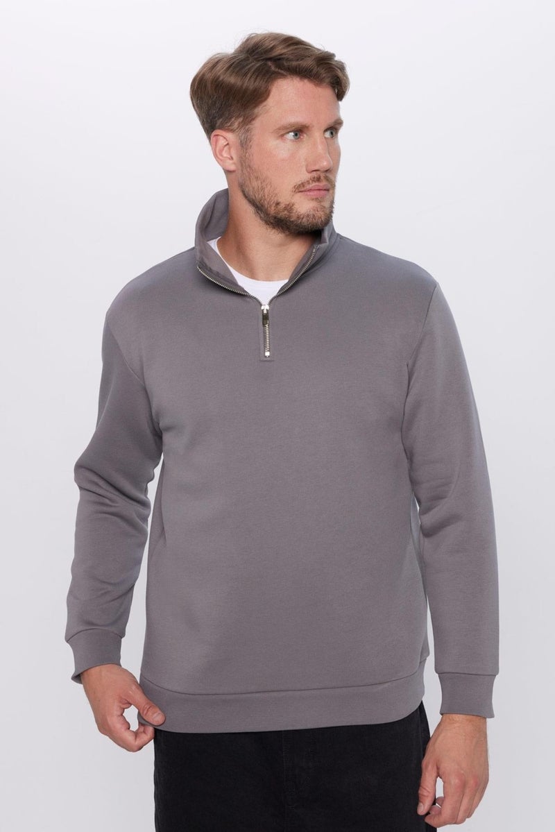 Unisex Relax Fit Comfortable Cut Cotton Fleece Inside Half Zipper Gray Stand Collar Sweatshirt