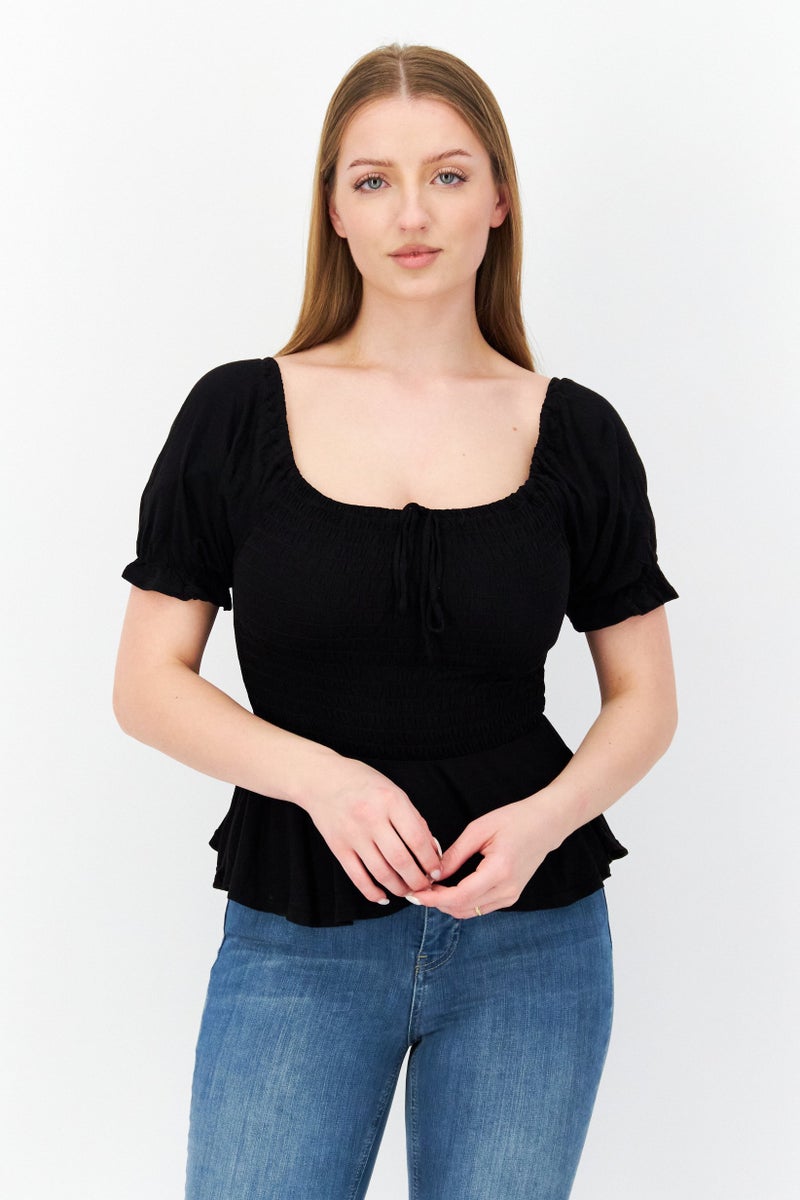 Women Square Neck Short Sleeve Plain Top, Black