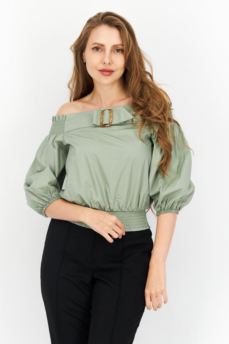 Women Off Shoulder Long Sleeve Plain Top, Sage Green