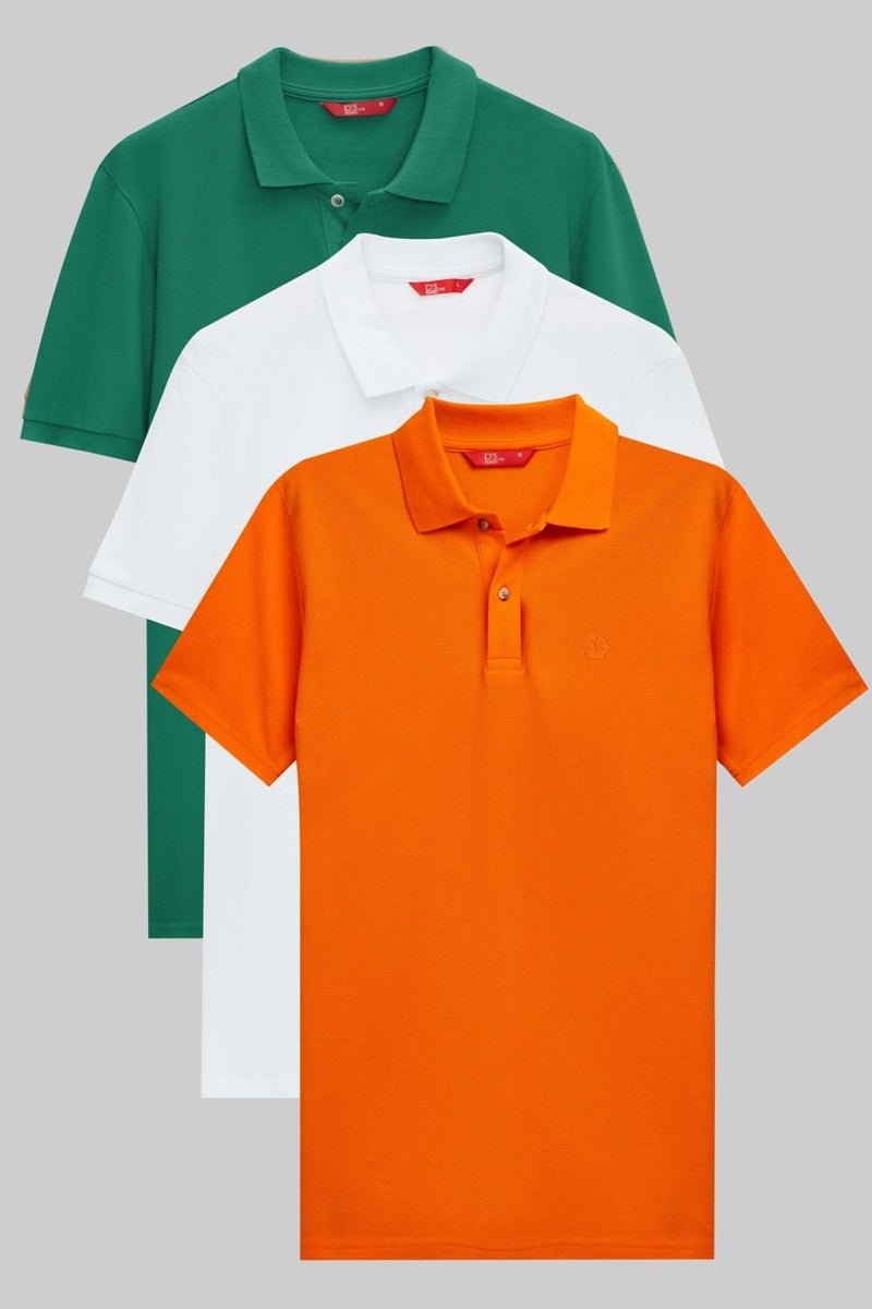 Regular Fit Green/Orange/White Pique Textured 100% Cotton Polo Neck T-Shirt 6HC14ORTBN510