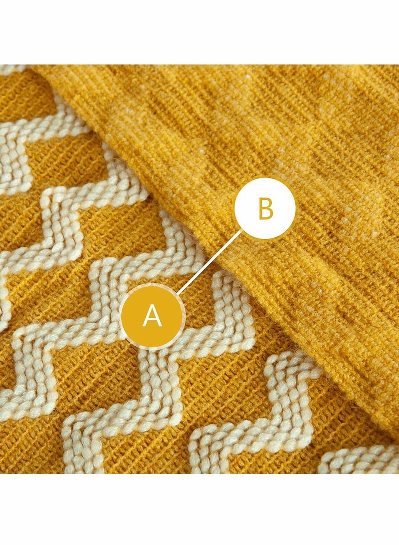 Acrylic Knitted Throw Blanket, Lightweight and Soft Decorative Woven Blanket with Tassels for Bed, Sofa, 51 x 67 Inches, Mustard Yellow Wave