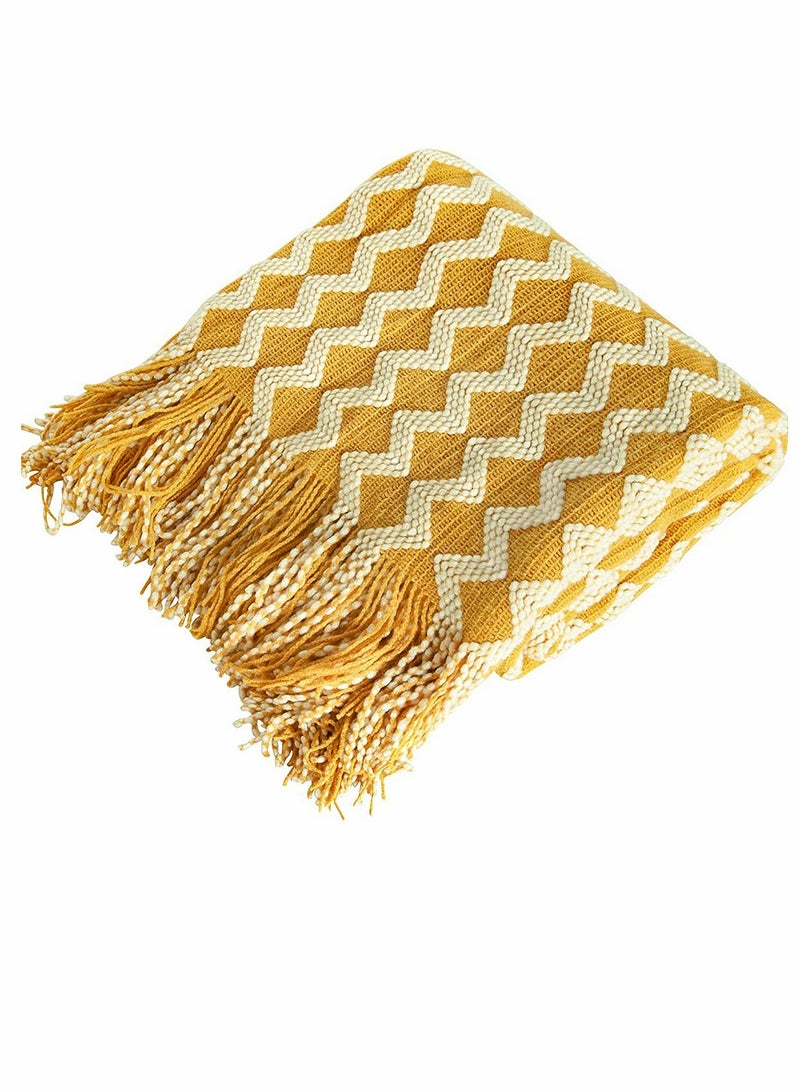 Acrylic Knitted Throw Blanket, Lightweight and Soft Decorative Woven Blanket with Tassels for Bed, Sofa, 51 x 67 Inches, Mustard Yellow Wave