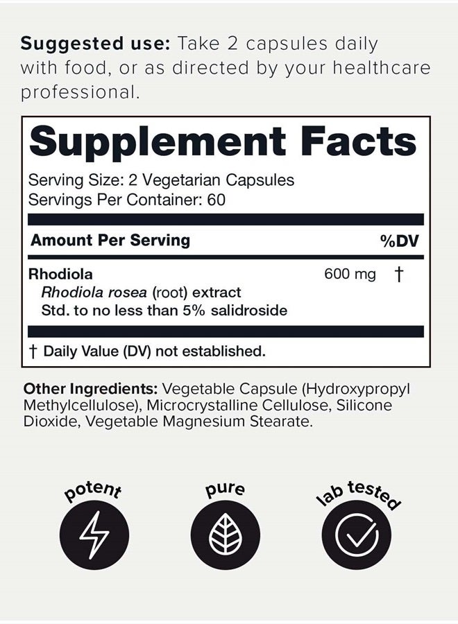 Triple-Strength 600mg Rhodiola Rosea - 120 Capsules - 5% Salidroside Concentrated Extract - Highly Purified and Bioavailable
