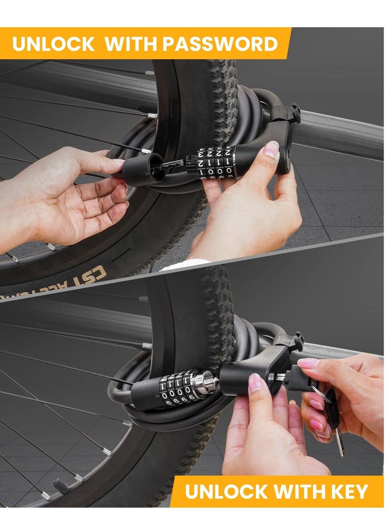 Bike Lock Cable with Combination and Key, Password Lost Retrievable Bicycle Lock Anti-Theft, Coiled Secure Resettable Bike Combination Lock with Mounting Bracket for Bikes and Scooters