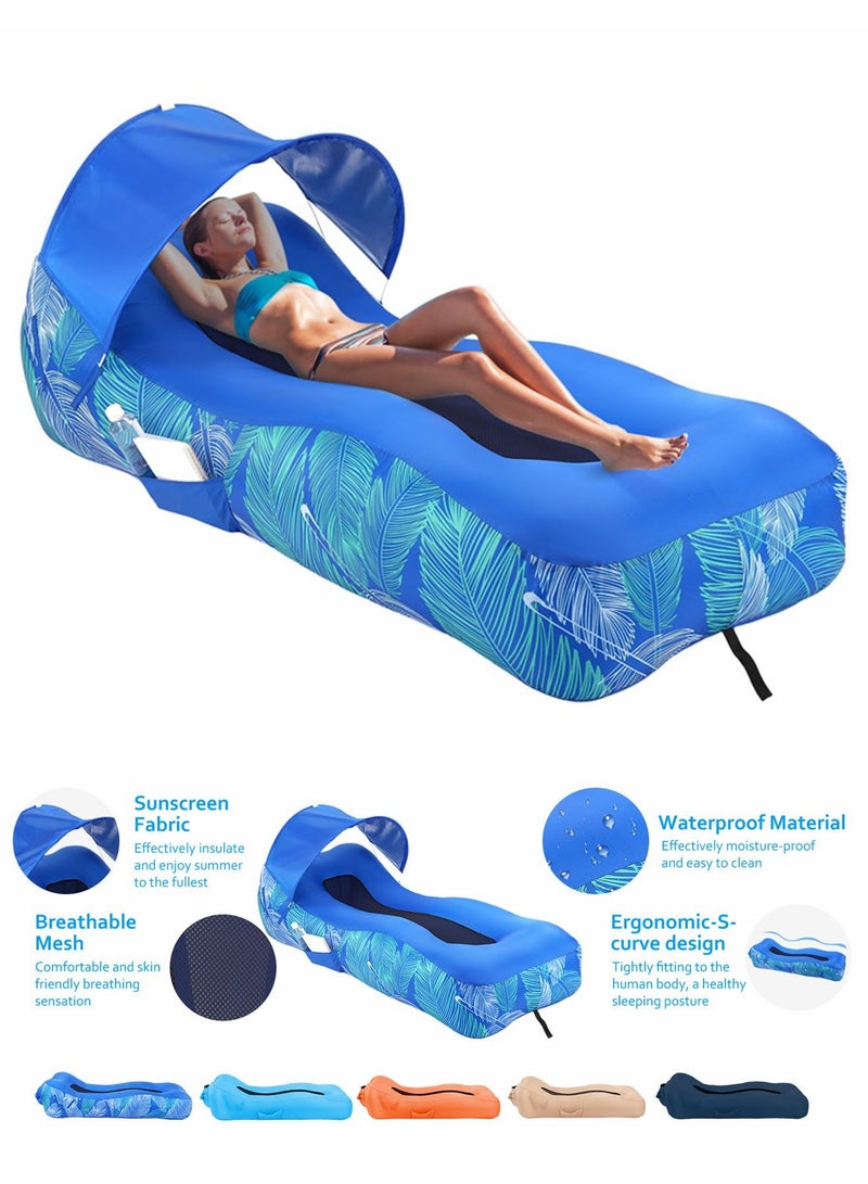 Inflatable Lounger Air Sofa with Unique Sun-Shade Design, Inflatable Beach Bed with Pillow, Waterproof Inflatable Couch Camping Chair Hammock for Hiking Backyard Travel Beach Park Picnics