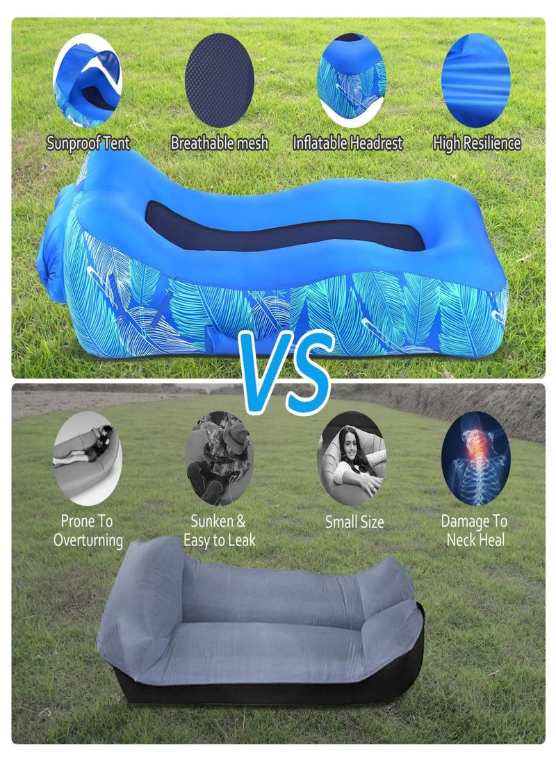 Inflatable Lounger Air Sofa with Unique Sun-Shade Design, Inflatable Beach Bed with Pillow, Waterproof Inflatable Couch Camping Chair Hammock for Hiking Backyard Travel Beach Park Picnics