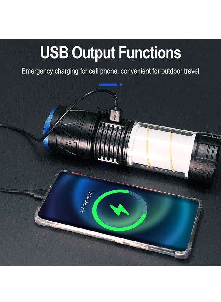 Strong and Super Bright Flashlight Charging Outdoor Long Range Laser White Laser Variable Focus Camping Light Waterproof IPX4 USB Output Functions 2400mAh Power Indicator&Internal Battery 360 ° Flood Lighting 6 Light Modes Adjustable Ranges