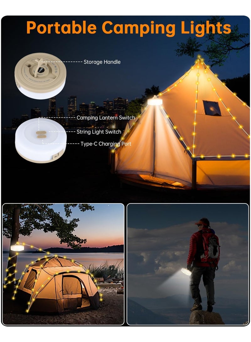 1pcs LED Camping Light – 32.8Ft Rechargeable Waterproof String Light, Perfect for Outdoor Camping, Tents, Garden Parties, and Festival Decor (Yellow, No App Control)