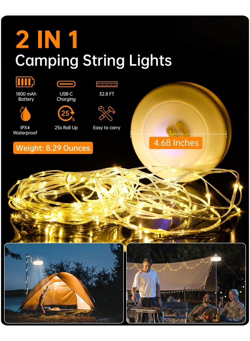 1pcs LED Camping Light – 32.8Ft Rechargeable Waterproof String Light, Perfect for Outdoor Camping, Tents, Garden Parties, and Festival Decor (Yellow, No App Control)