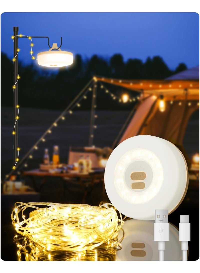 1pcs LED Camping Light – 32.8Ft Rechargeable Waterproof String Light, Perfect for Outdoor Camping, Tents, Garden Parties, and Festival Decor (Yellow, No App Control)