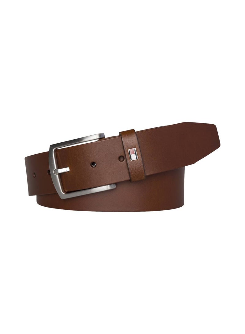 Men's Denton Flag Logo Leather Belt - Leather, Brown