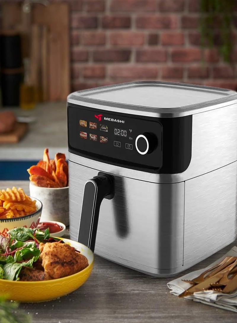 MEBASHI Air Fryer, 8L Capacity, Stainless Steel, LED Display, 6 Presets, 75-200°C, Cool-to-touch housing, Auto shut-off, Air outlet filter, Visible pan (ME-AF955)(2000W)