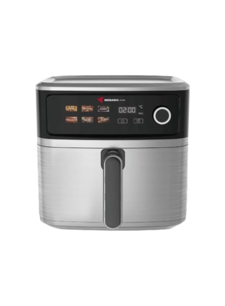 MEBASHI Air Fryer, 8L Capacity, Stainless Steel, LED Display, 6 Presets, 75-200°C, Cool-to-touch housing, Auto shut-off, Air outlet filter, Visible pan (ME-AF955)(2000W)