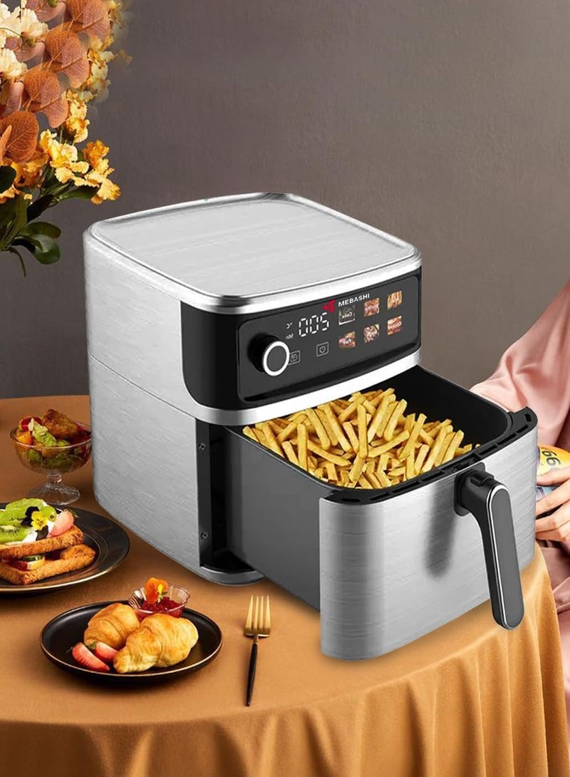 MEBASHI Air Fryer, 8L Capacity, Stainless Steel, LED Display, 6 Presets, 75-200°C, Cool-to-touch housing, Auto shut-off, Air outlet filter, Visible pan (ME-AF955)(2000W)