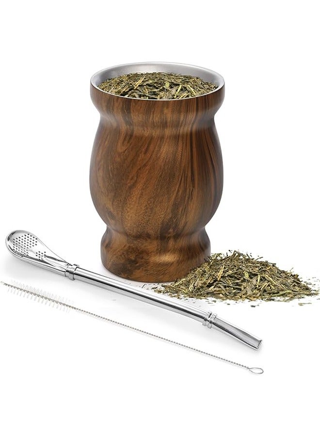 Yerba Mate Tea Cup, Stainless Steel Double Walled Easy Wash Household Insulation Cup, Mate Gourds for Yerba Mate Loose Leaf Drinking with Bombilla Straw, Wood Grain Color, 230ML