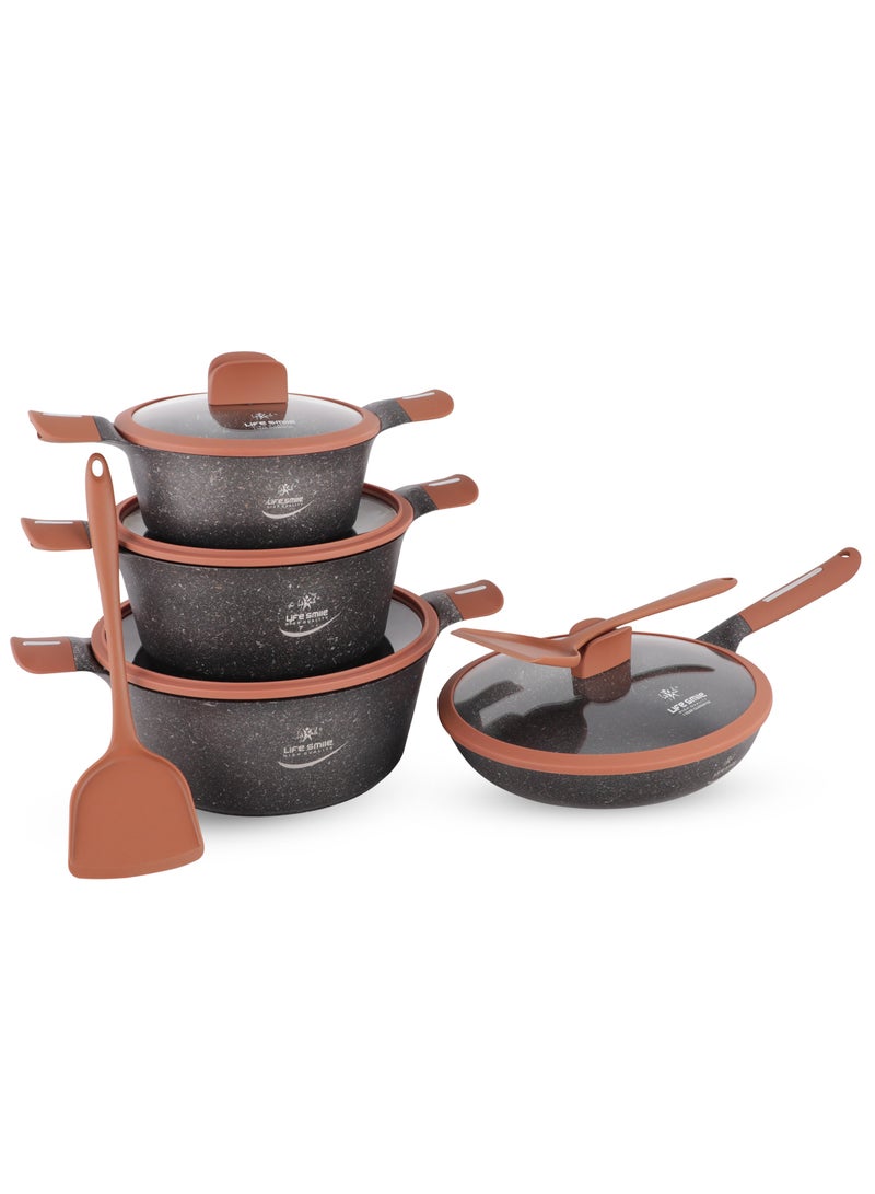 Cookware Set 10 Pieces with Titanium Granite Coating, Non Stick Cooking Set, Pots and Pans Set with Stay Cool Handles Set Includes Stockpots, Frying Pan and Silicone Tools