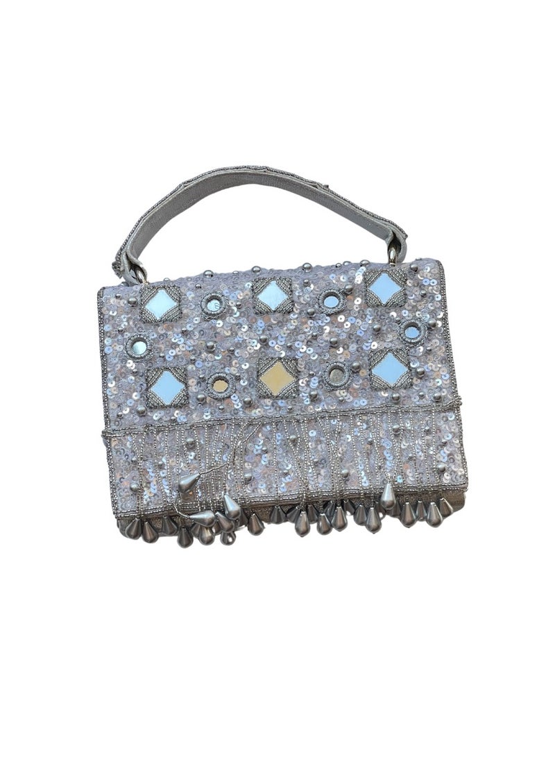 Designer Mirror Flap Clutch Bag - Silver