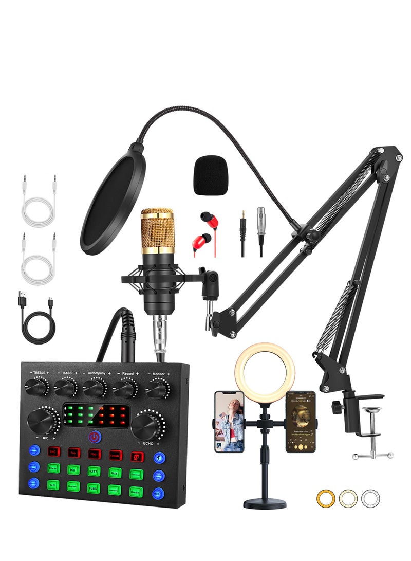 Podcast Equipment Bundle with Ring Light and Phone Holder, BM-800 Podcast Microphone Bundle with V8S Voice Changer, Condenser Microphone Recording Studio Package for Podcasting Streaming Recording