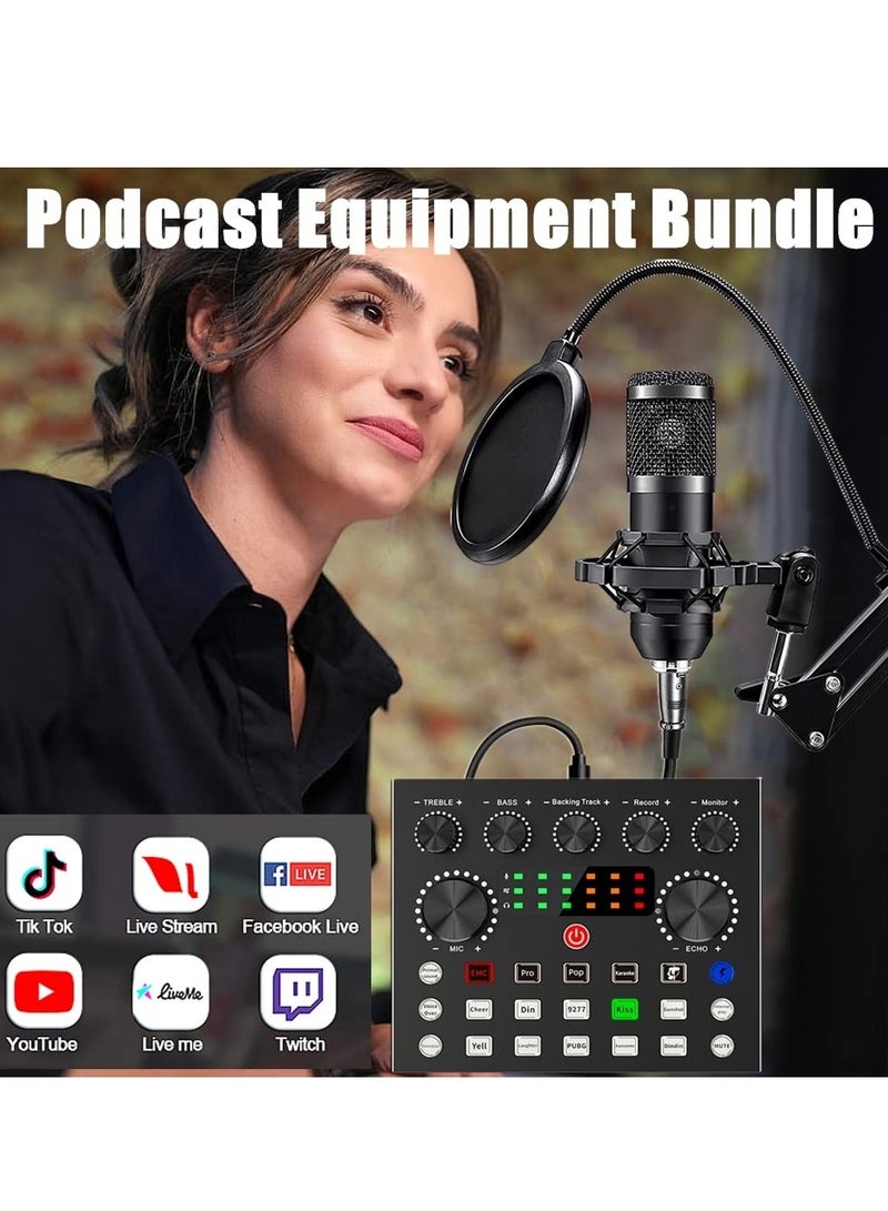 Podcast Equipment Bundle with Ring Light and Phone Holder, BM-800 Podcast Microphone Bundle with V8S Voice Changer, Condenser Microphone Recording Studio Package for Podcasting Streaming Recording
