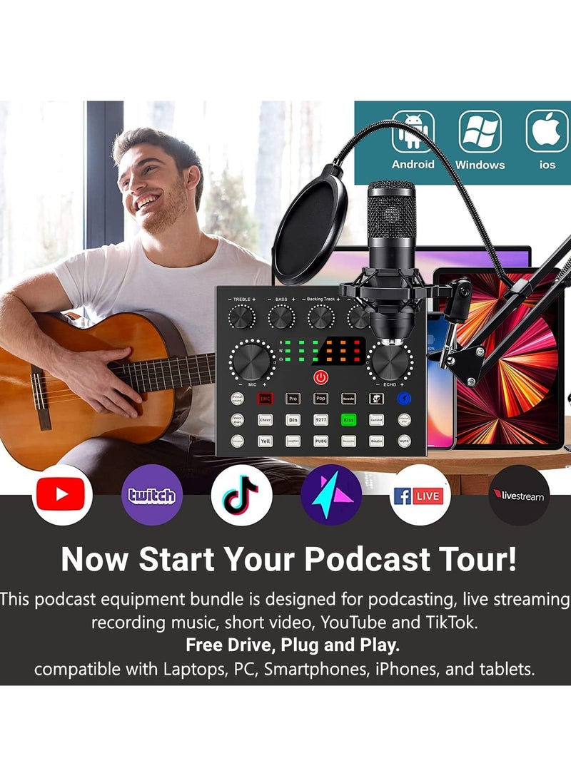 Podcast Equipment Bundle with Ring Light and Phone Holder, BM-800 Podcast Microphone Bundle with V8S Voice Changer, Condenser Microphone Recording Studio Package for Podcasting Streaming Recording