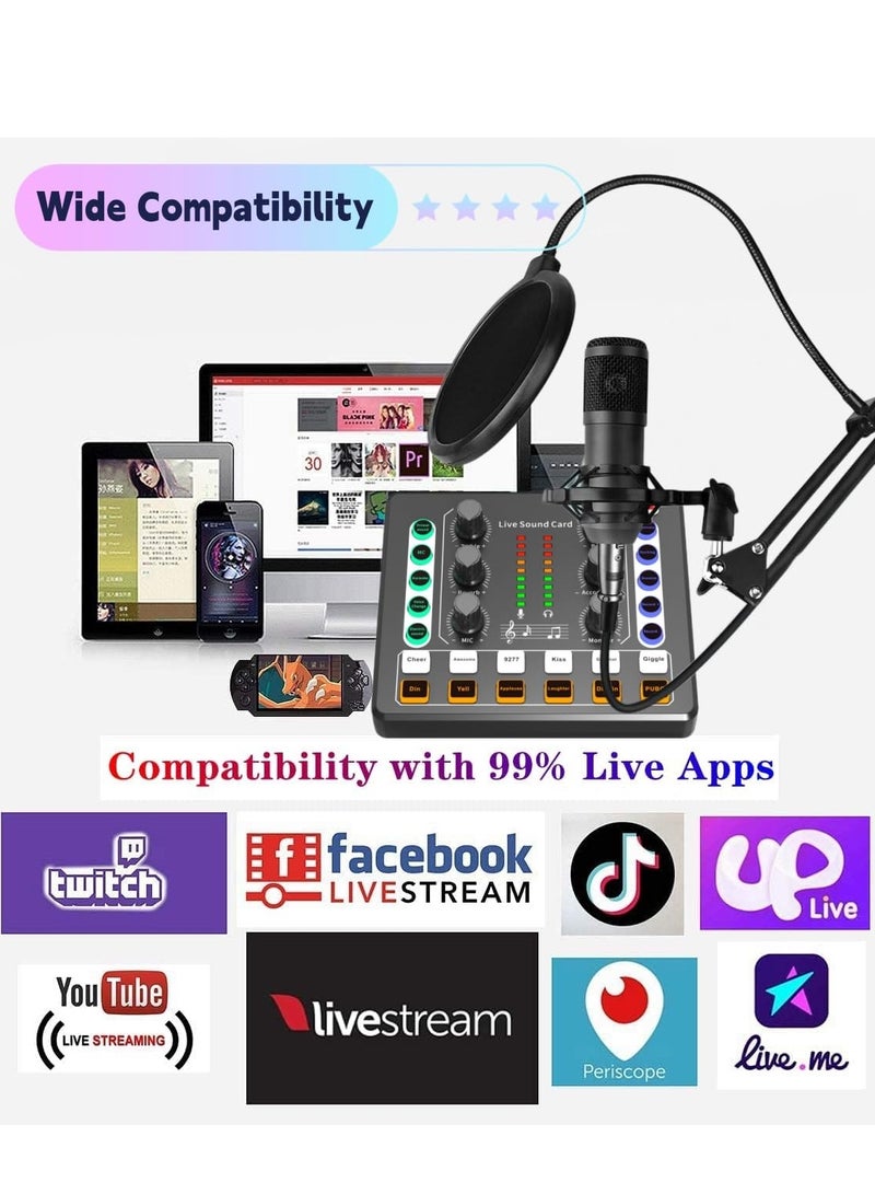 Podcast Equipment Bundle with Ring Light and Phone Holder , BM-800 Recording Studio Package with Voice Changer, Live Sound Card,Audio Interface for Laptop Computer Vlog Living Broadcast Live Streaming