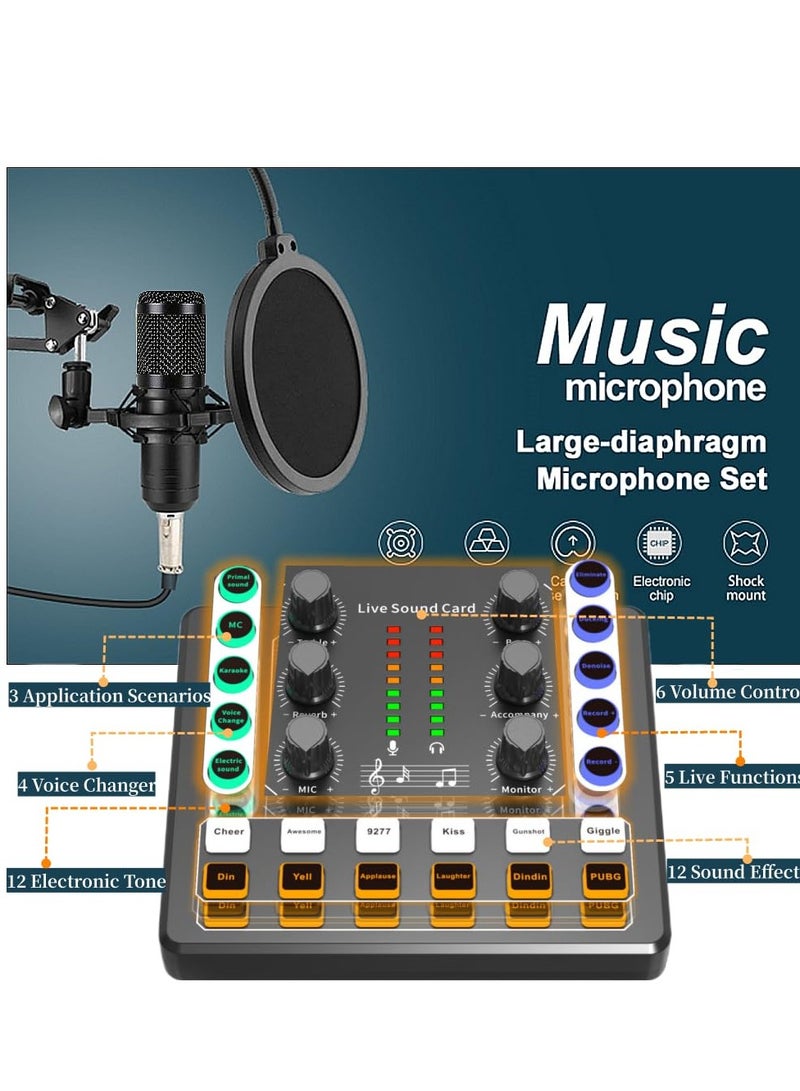 Podcast Equipment Bundle with Ring Light and Phone Holder , BM-800 Recording Studio Package with Voice Changer, Live Sound Card,Audio Interface for Laptop Computer Vlog Living Broadcast Live Streaming