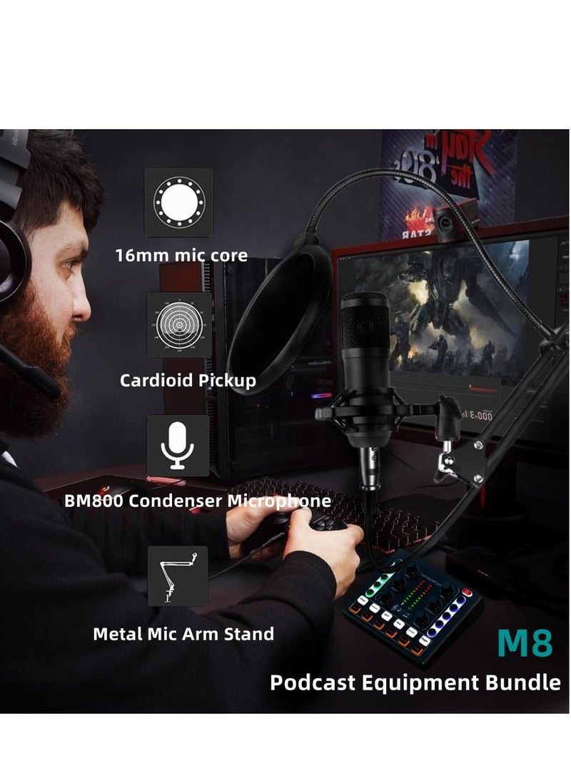 Podcast Equipment Bundle with Ring Light and Phone Holder , BM-800 Recording Studio Package with Voice Changer, Live Sound Card,Audio Interface for Laptop Computer Vlog Living Broadcast Live Streaming
