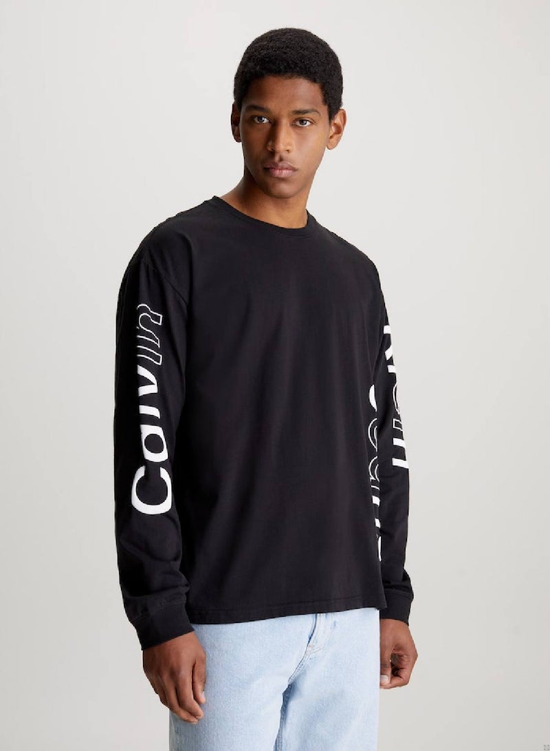 Men's Graphic Logo Long Sleeve T-Shirt - Cotton, Black