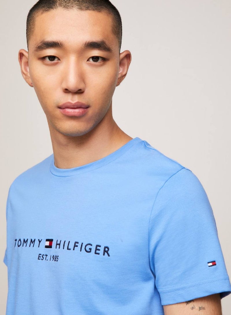 Men's Logo Embroidery Slim T-Shirt - Cotton, Blue