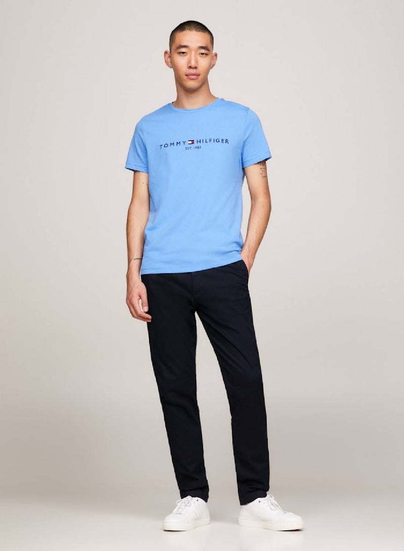 Men's Logo Embroidery Slim T-Shirt - Cotton, Blue