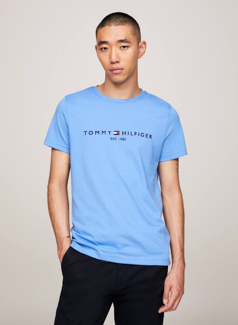 Men's Logo Embroidery Slim T-Shirt - Cotton, Blue