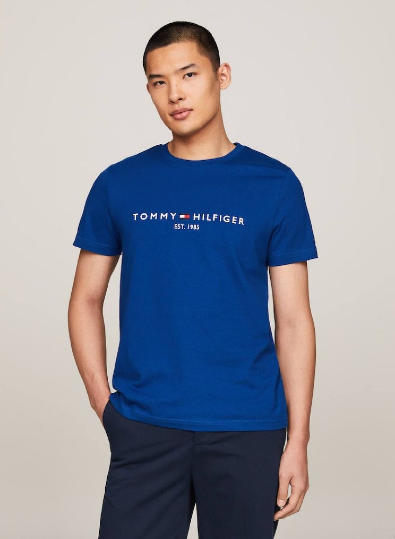 Men's Logo Embroidery Slim Fit T-Shirt -  Pure cotton, Blue