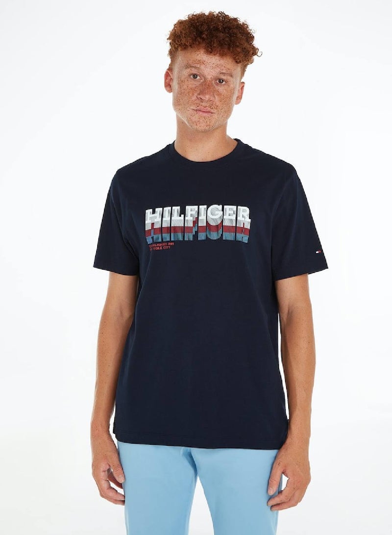 Men's Faded Hilfiger Logo T-Shirt - Cotton, Blue