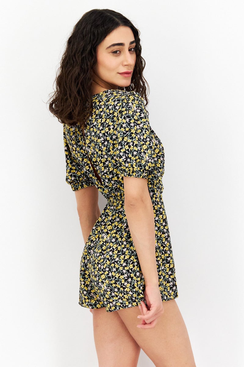 Women Petite Floral Print Short Sleeve Playsuit, Black/Yellow Combo