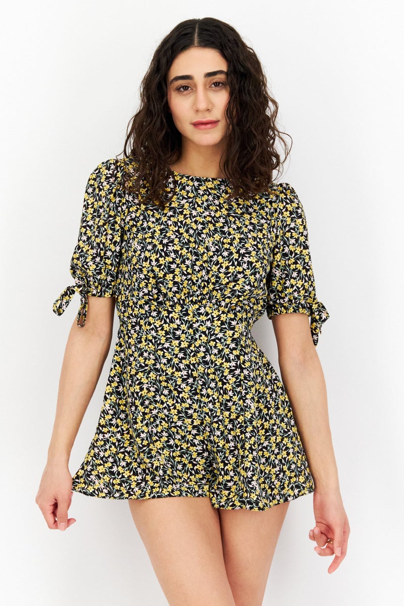 Women Petite Floral Print Short Sleeve Playsuit, Black/Yellow Combo