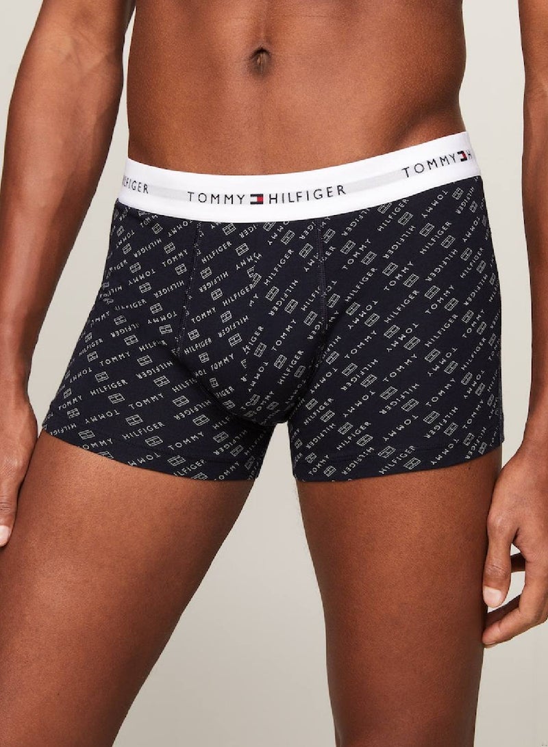 Men's 3-Pack Logo Waistband Print Trunks - Cotton, Blue