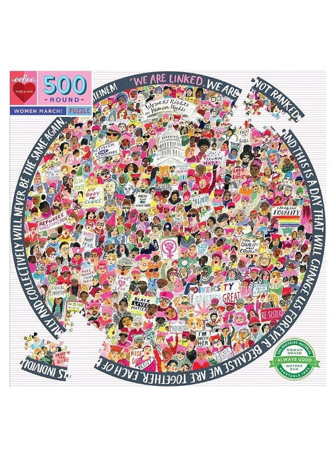 eeBoo: Piece and Love Women March! 500 Piece Round Circle Jigsaw Puzzle, Puzzle for Adults and Families, Glossy, Sturdy Pieces and Minimal Puzzle Dust