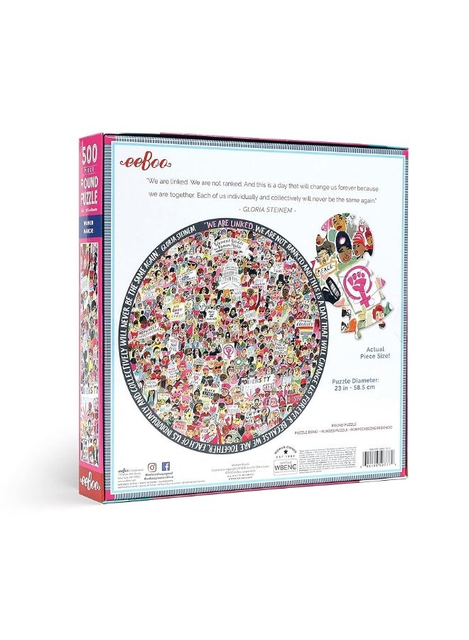 eeBoo: Piece and Love Women March! 500 Piece Round Circle Jigsaw Puzzle, Puzzle for Adults and Families, Glossy, Sturdy Pieces and Minimal Puzzle Dust