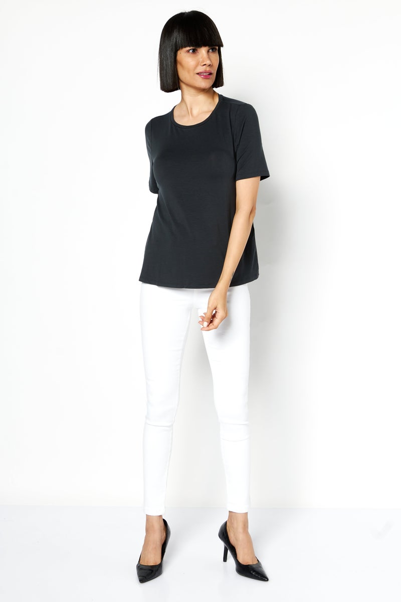 Women Round Neck Short Sleeve Plain Top, Charcoal Grey