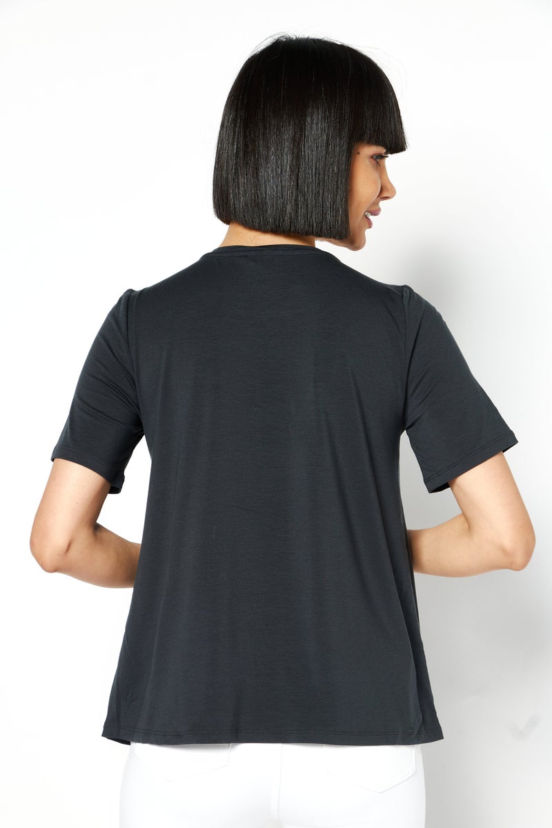 Women Round Neck Short Sleeve Plain Top, Charcoal Grey