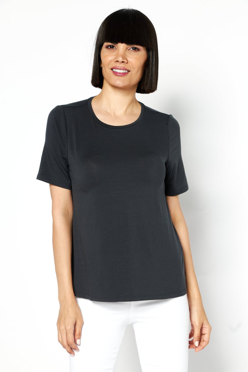 Women Round Neck Short Sleeve Plain Top, Charcoal Grey