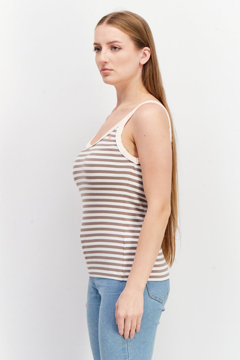 Women Round Neck Sleeveless Stripe Tank Top, White/Brown Combo