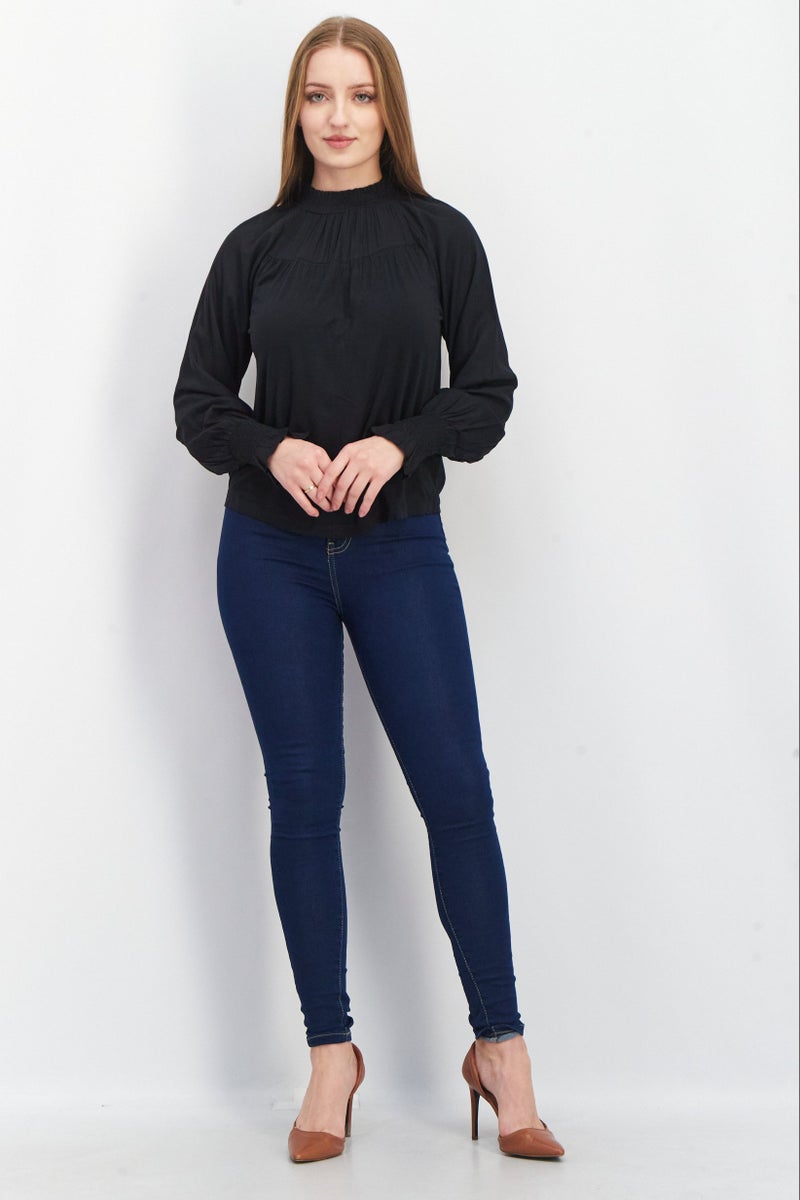 Women Mock Neck Long Sleeve Plain Top, Black