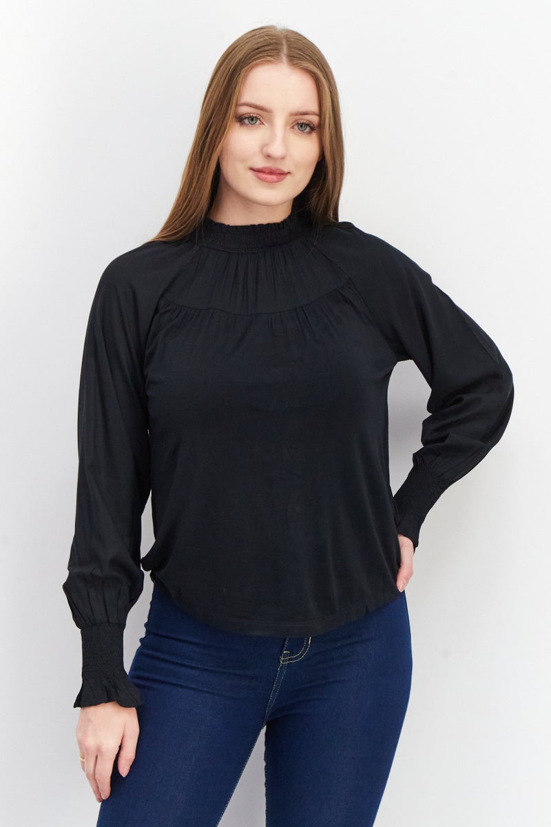 Women Mock Neck Long Sleeve Plain Top, Black