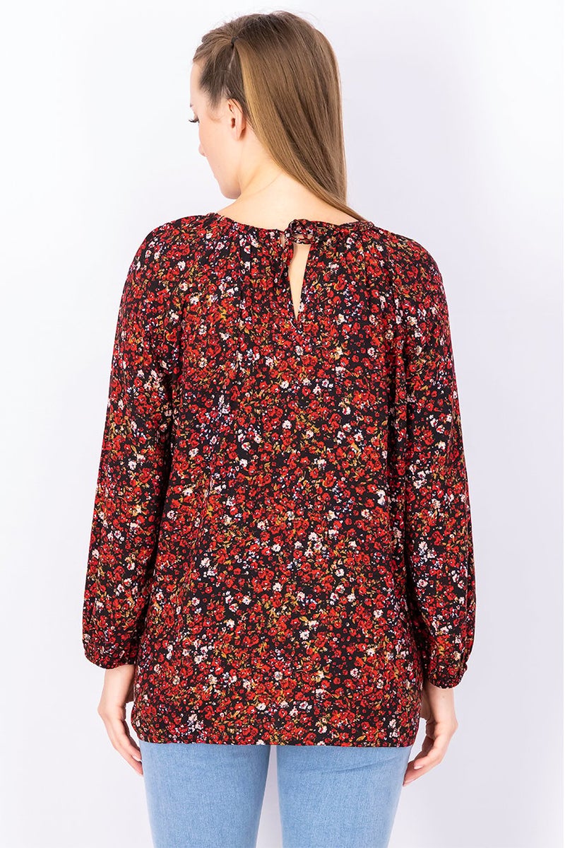 Women Round Neck Long Sleeves Floral Blouse, Red and Black